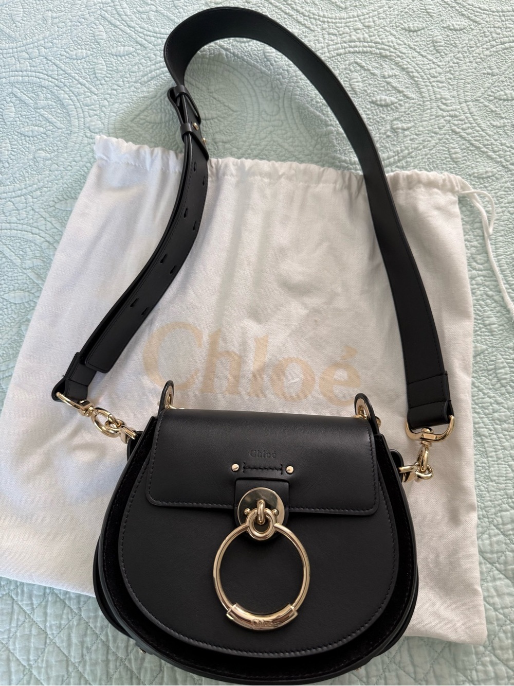 Chloé Black Leather Tess Small Shoulder Bag with Gold Hardware